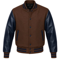 Dark brown melton wool letterman jacket with navy blue leather sleeves, front view
