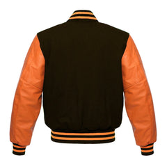 Dark Brown and Orange Varsity Jacket with Wool Body and Leather Sleeves Back Side