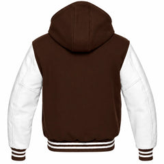 Dark Brown and White Hooded Varsity Jacket