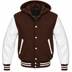 Dark Brown and White Hooded Varsity Jacket