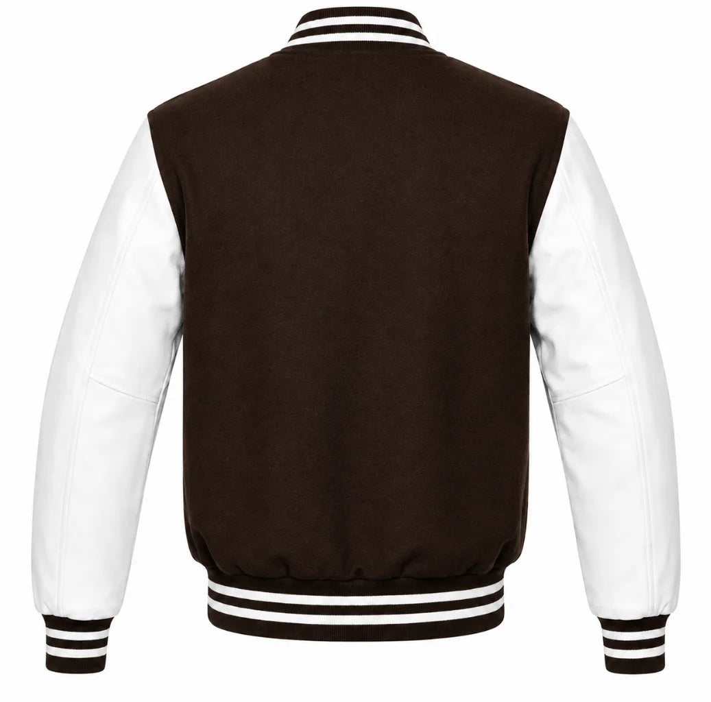 Dark brown wool varsity jacket with white cowhide sleeves, back view