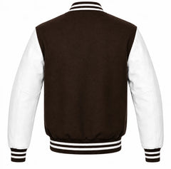 Dark brown wool varsity jacket with white cowhide sleeves, back view