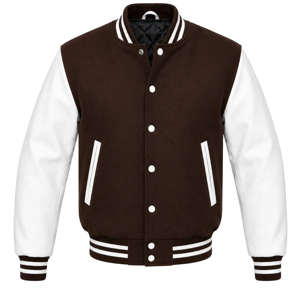 Dark brown melton wool varsity jacket with white leather sleeves, front view