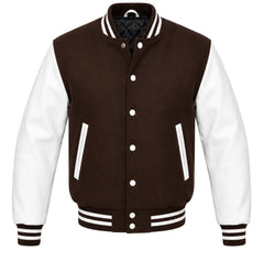 Dark brown melton wool varsity jacket with white leather sleeves, front view