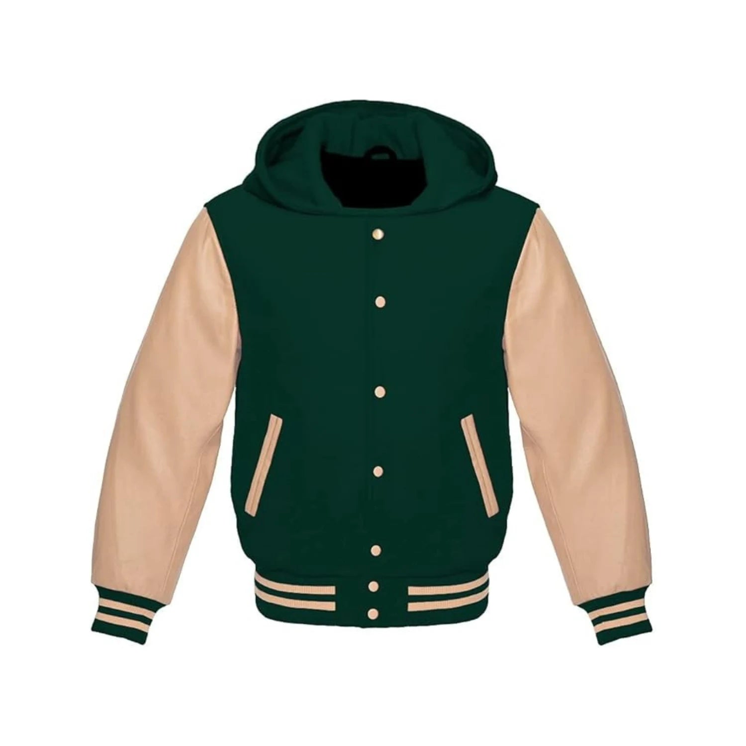 Dark Green Wool and Cream Leather Hooded Varsity Jacket