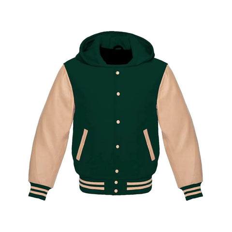 Dark Green Wool and Cream Leather Hooded Varsity Jacket