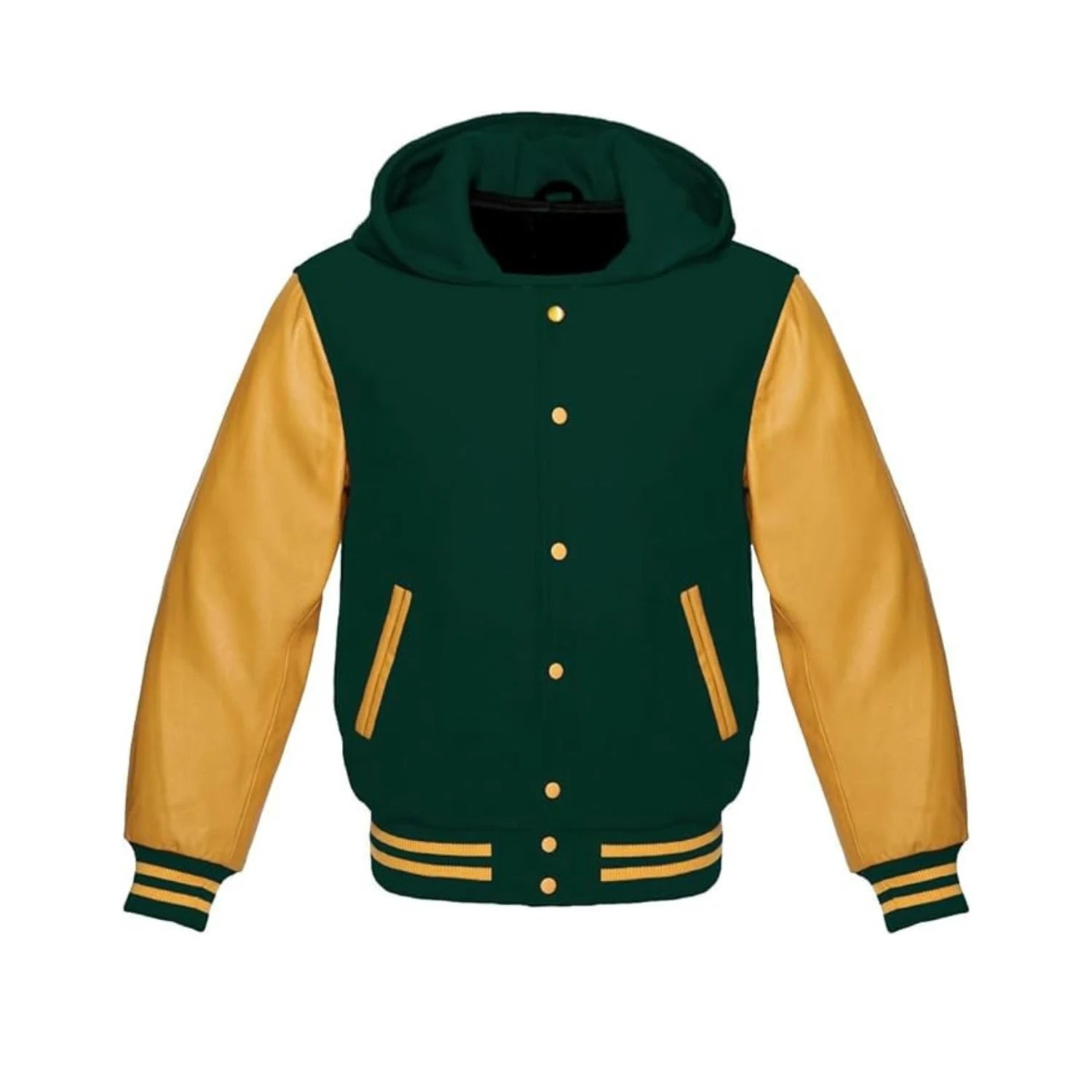 Dark Green Wool and Gold Leather Hooded Varsity Jacket