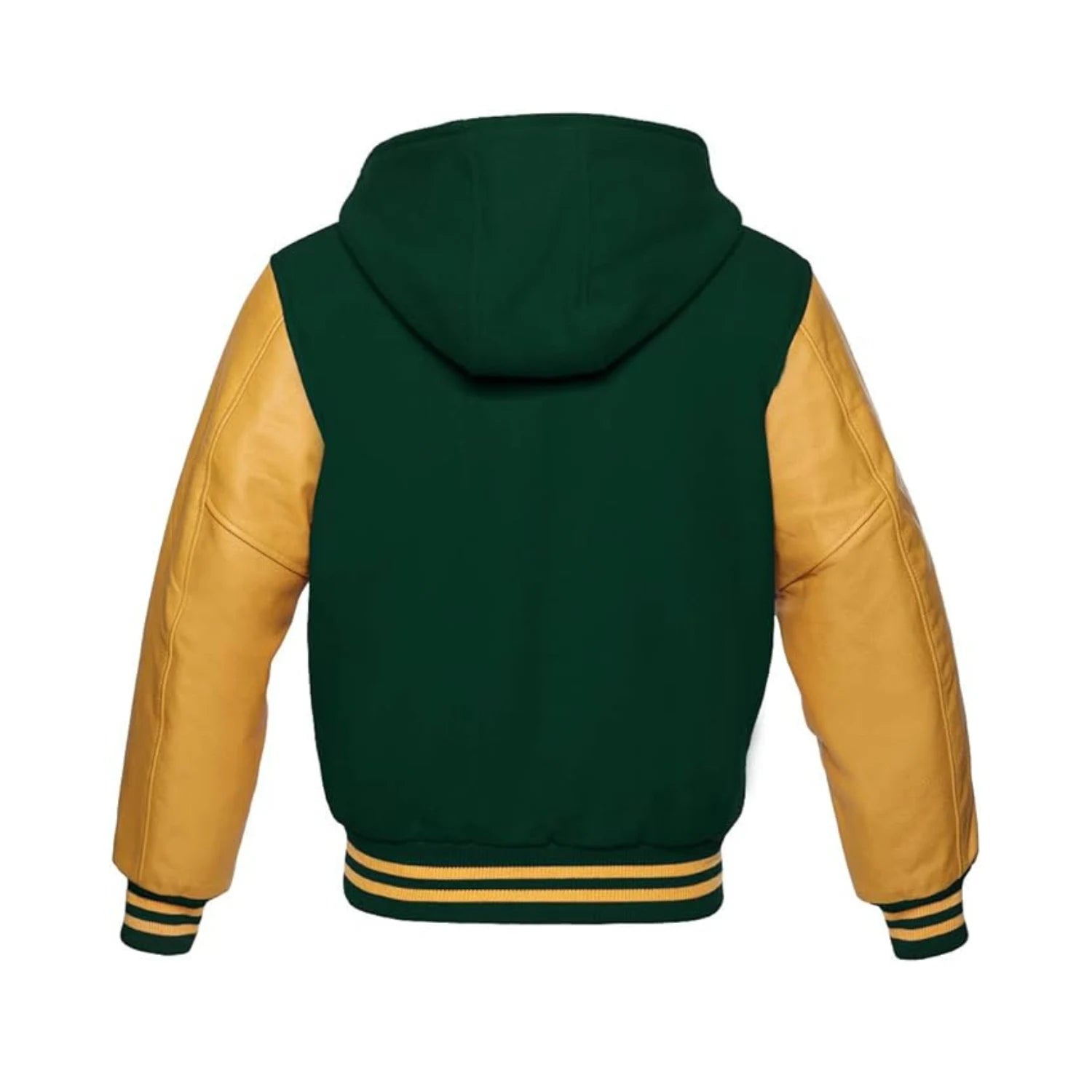 Dark Green Wool and Gold Leather Hooded Varsity Jacket Back Side