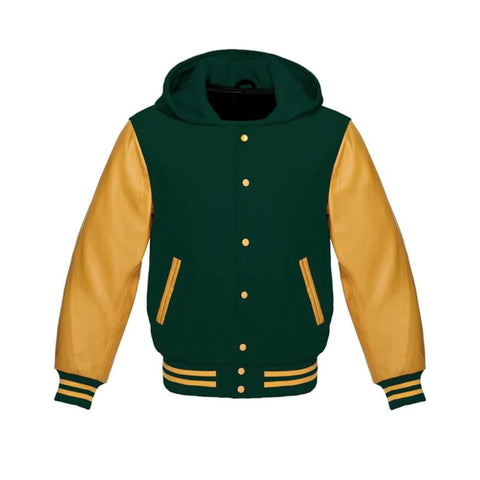 Dark Green Wool and Gold Leather Hooded Varsity Jacket