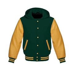 Dark Green Wool and Gold Leather Hooded Varsity Jacket