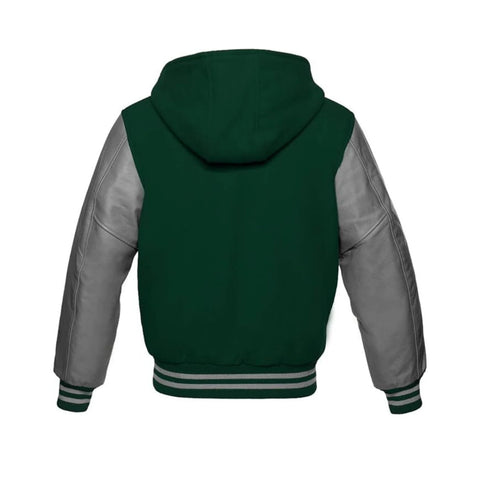 Dark Green Wool and Grey Leather Hooded Varsity Jacket Back Side