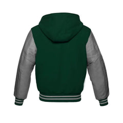 Dark Green Wool and Grey Leather Hooded Varsity Jacket Back Side