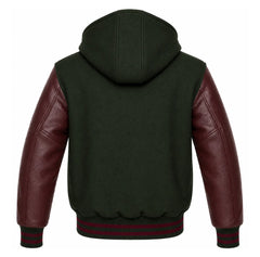 Dark Green and Maroon Varsity Jacket with Hood