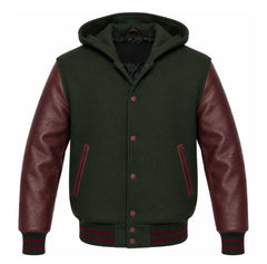 Dark Green and Maroon Varsity Jacket with Hood