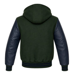 Dark Green and Navy Blue Varsity Jacket with Hood
