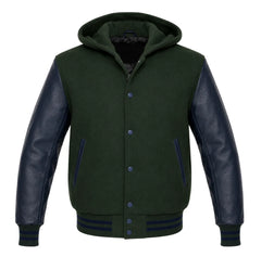 Dark Green and Navy Blue Varsity Jacket with Hood