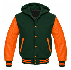 Dark Green and Orange Hooded Varsity Jacket