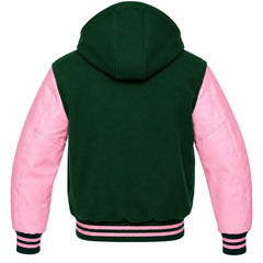 Dark Green and Pink Hooded Letterman Jacket