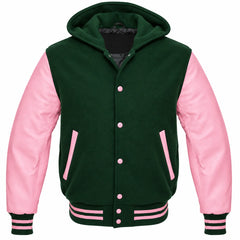 Dark Green and Pink Hooded Letterman Jacket