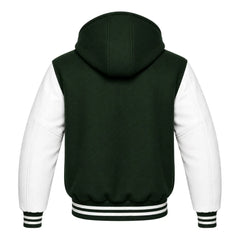 Dark Green and White Hooded Varsity Jacket