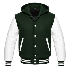 Dark Green and White Hooded Varsity Jacket