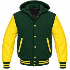 Dark Green and Yellow Hooded Letterman Jacket