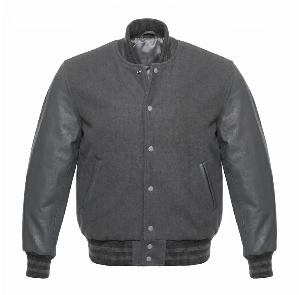 Dark Grey Varsity Jacket with Wool Body and Leather Sleeves