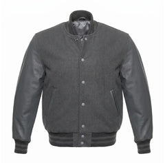 Dark Grey Varsity Jacket with Wool Body and Leather Sleeves