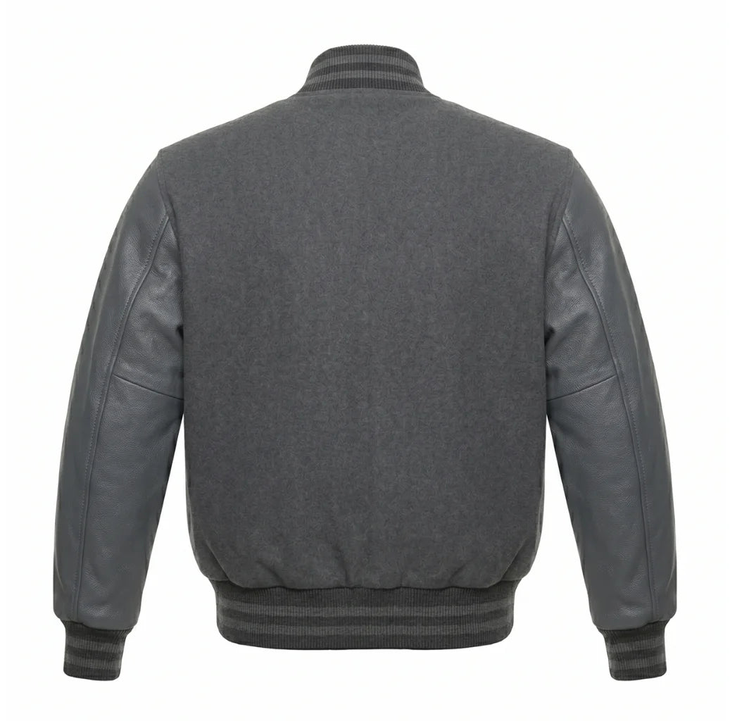 Dark Grey Varsity Jacket with Wool Body and Leather Sleeves Back View