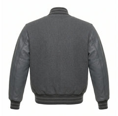 Dark Grey Varsity Jacket with Wool Body and Leather Sleeves Back View