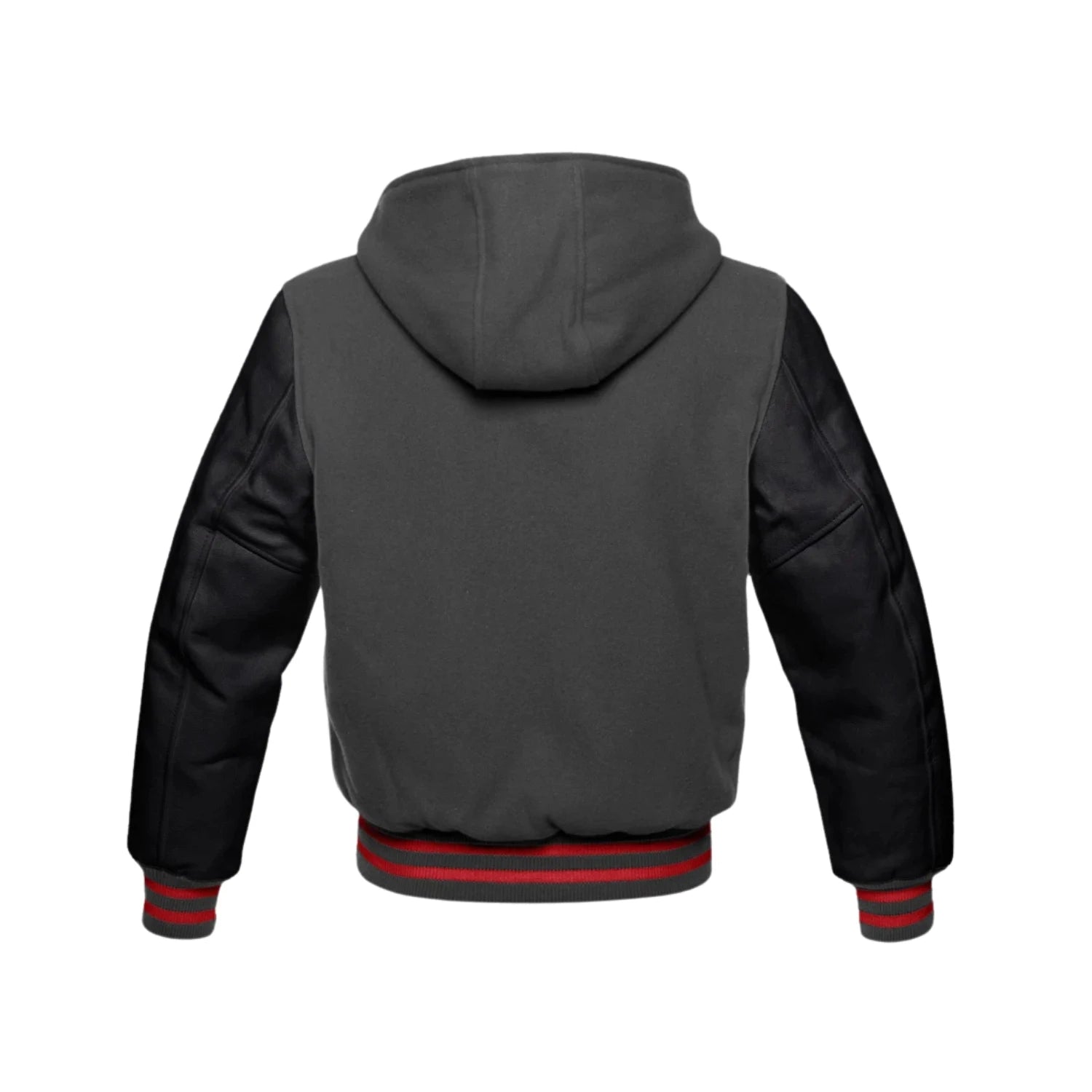 Dark Grey Wool and Black Leather Hooded Varsity Jacket Back Side