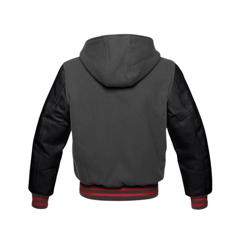 Dark Grey Wool and Black Leather Hooded Varsity Jacket Back Side