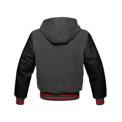 Dark Grey Wool and Black Leather Hooded Varsity Jacket Back Side