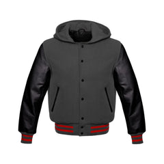 Dark Grey Wool and Black Leather Hooded Varsity Jacket