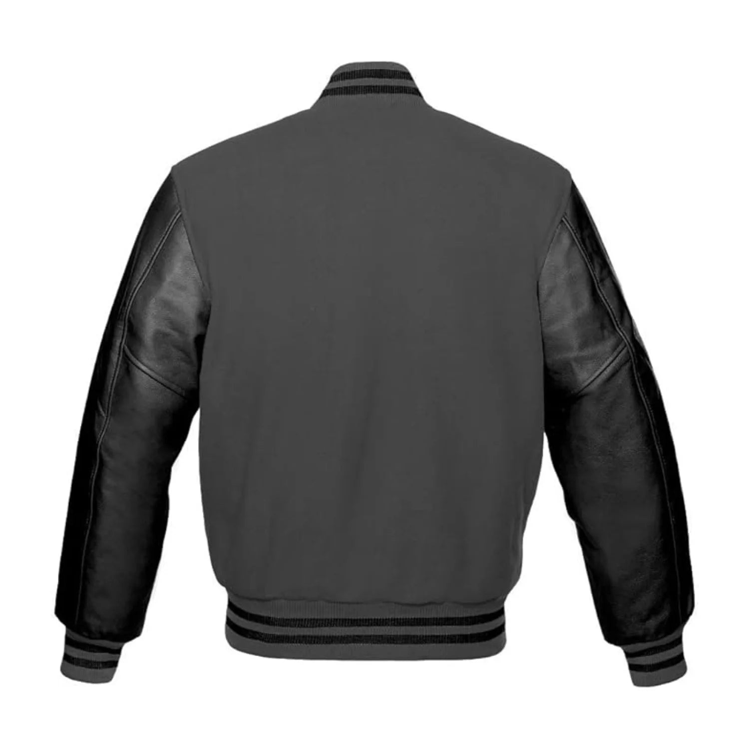 Dark Grey Wool and Black Leather Varsity Jacket Back Side