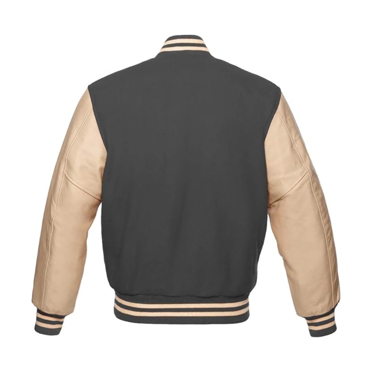 Dark Grey Wool and Cream Leather Varsity Jacket Back Side