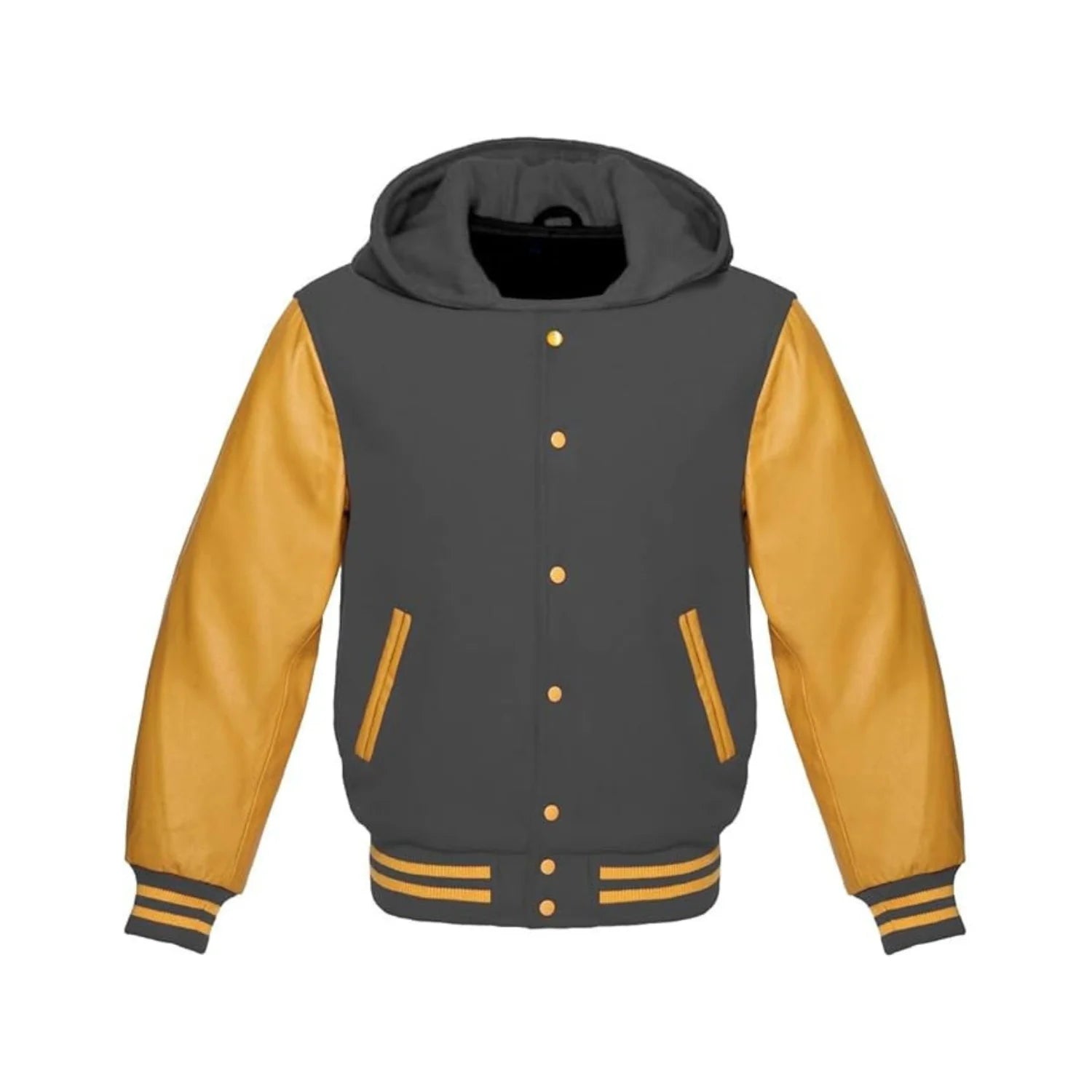 Dark Grey Wool and Gold Leather Hooded Varsity Jacket