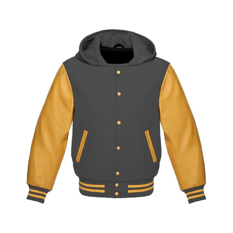 Dark Grey Wool and Gold Leather Hooded Varsity Jacket