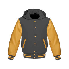Dark Grey Wool and Gold Leather Hooded Varsity Jacket