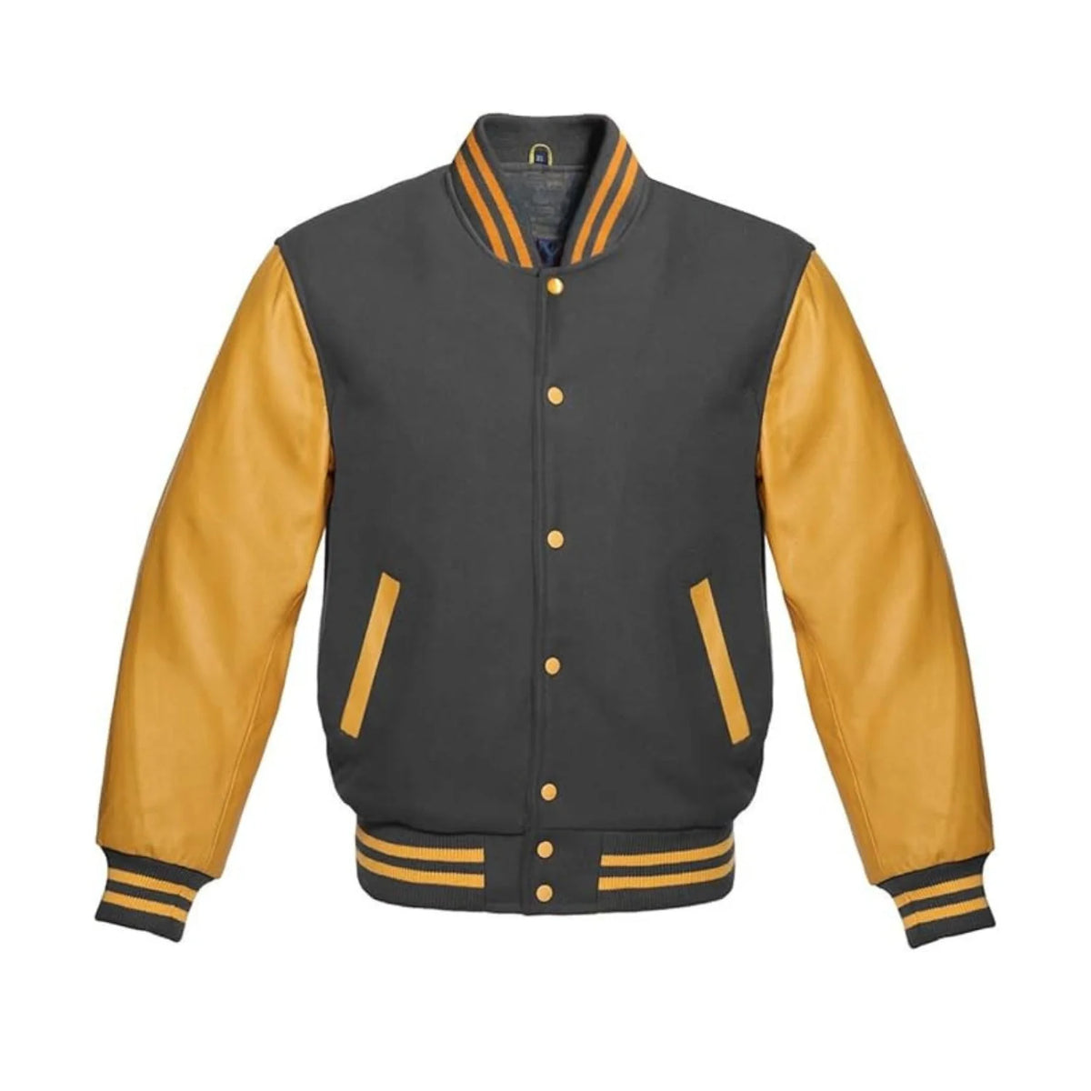 Dark Grey Wool and Gold Leather Varsity Jacket
