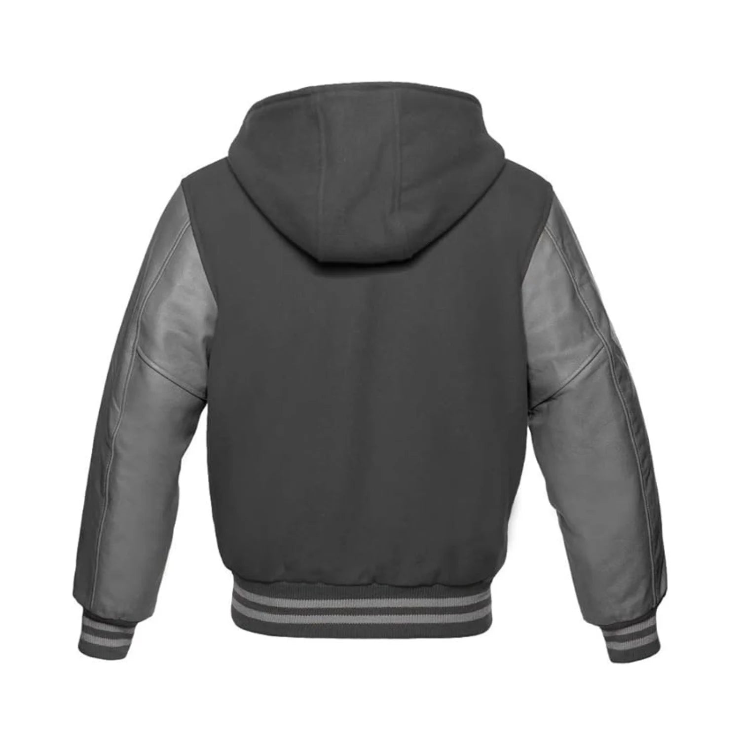 Dark Grey Wool and Leather Hooded Varsity Jacket Back Side