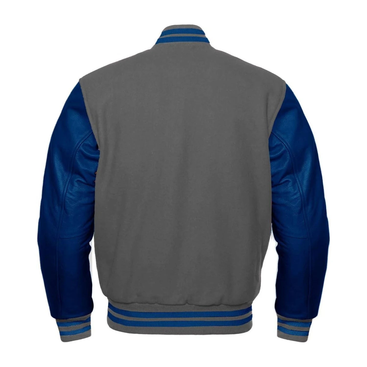 Dark Grey Wool and Navy Leather Varsity Jacket Back Side
