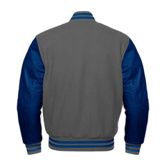 Dark Grey and Navy Varsity Jacket with Wool Body and Leather Sleeves Back Side