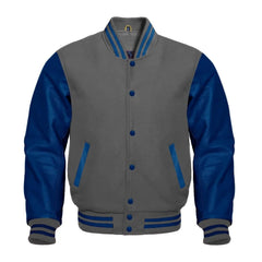 Dark Grey and Navy Varsity Jacket with Wool Body and Leather Sleeves