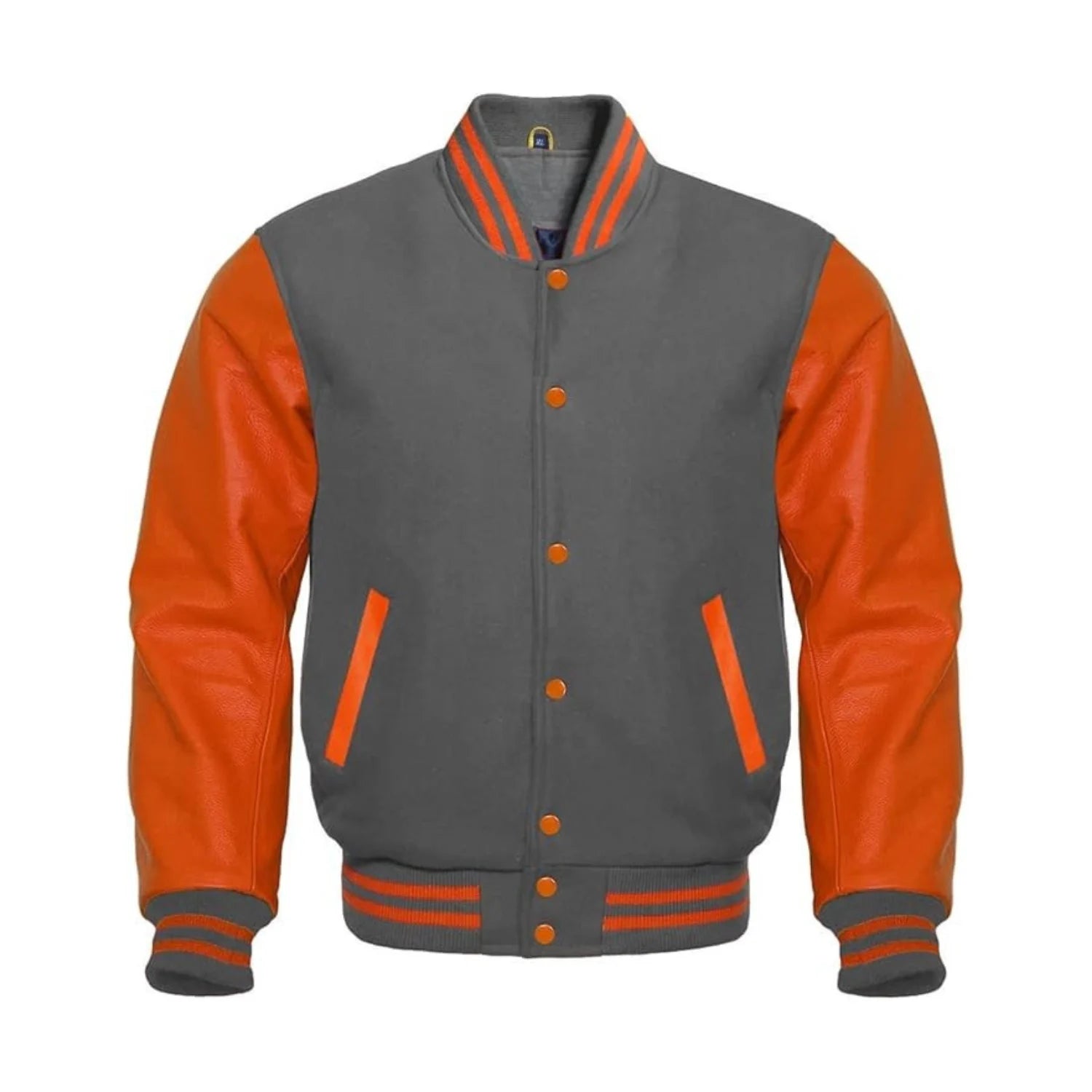 Dark Grey Wool and Orange Leather Varsity Jacket