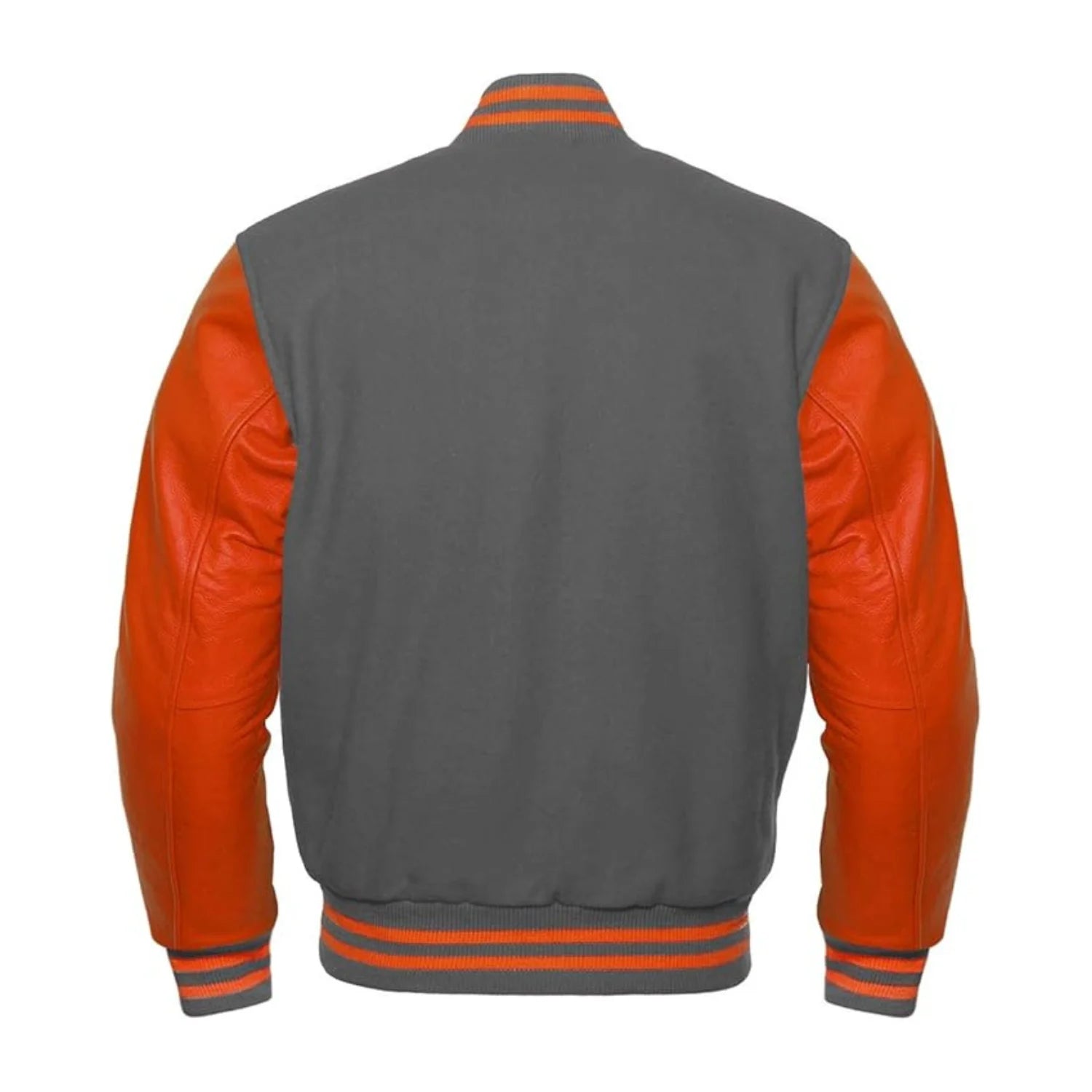 Dark Grey Wool and Orange Leather Varsity Jacket Back Side