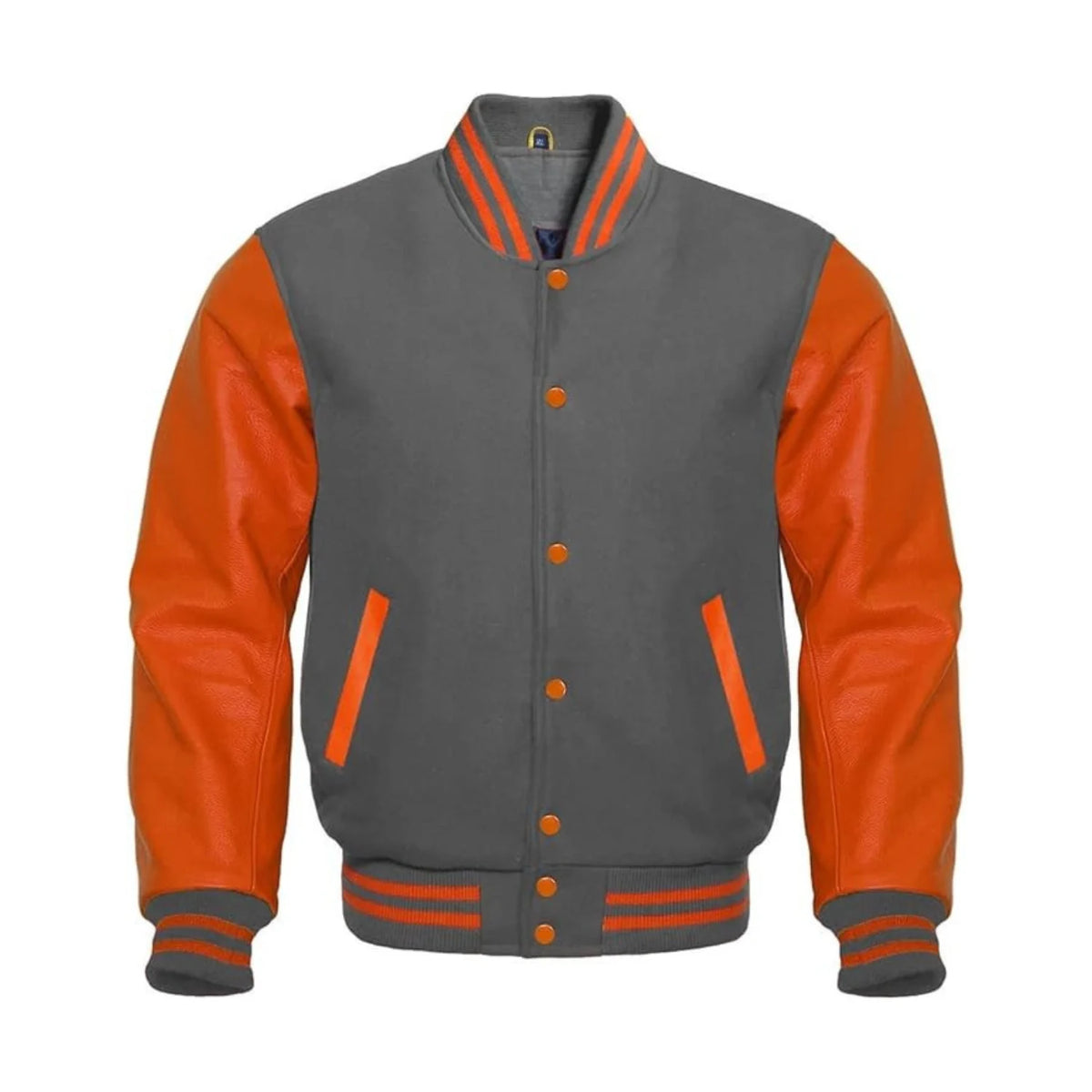 Dark Grey Wool and Orange Leather Varsity Jacket