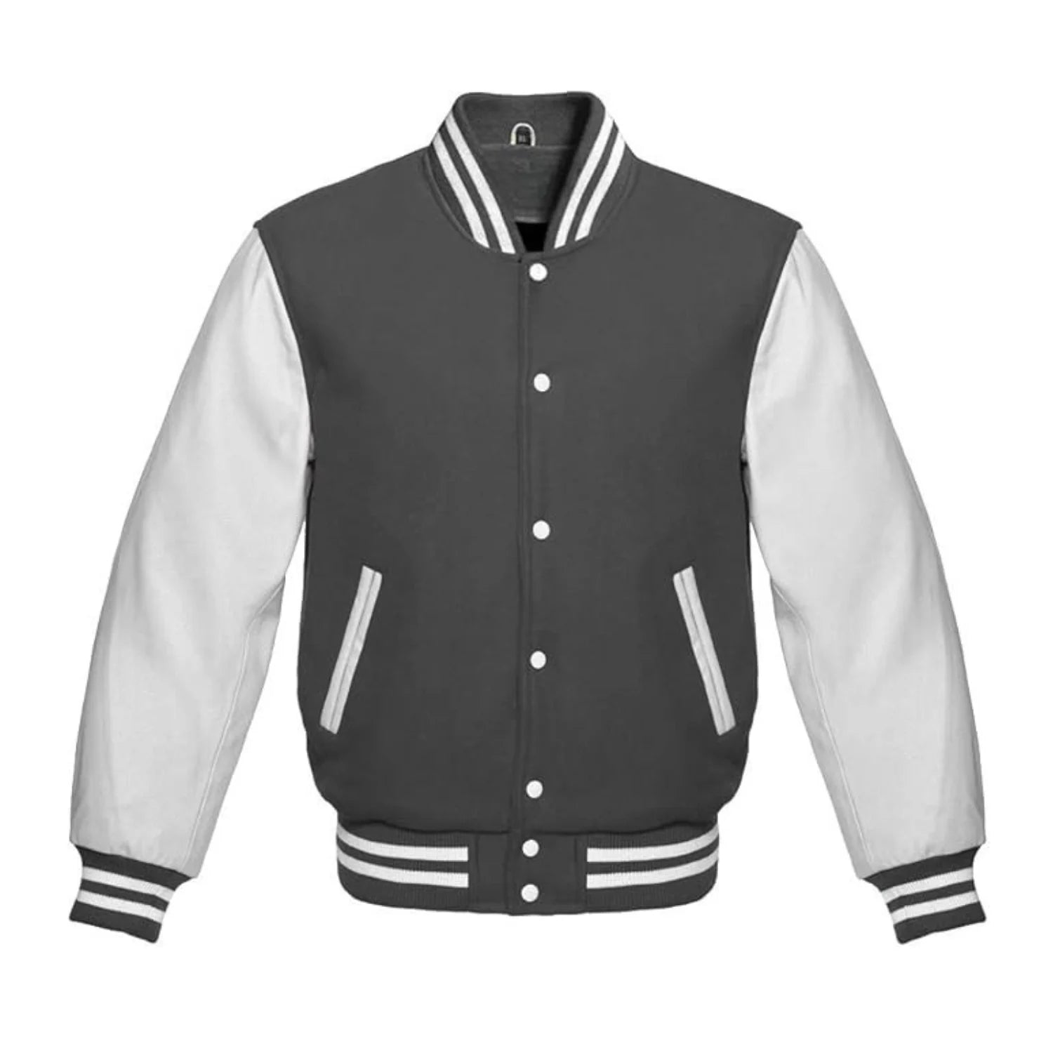 Dark Grey Wool and White Leather Varsity Jacket