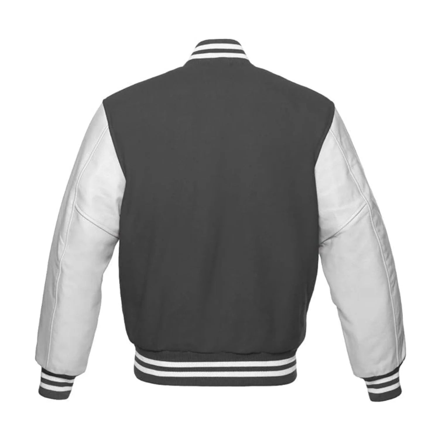 Dark Grey Wool and White Leather Varsity Jacket Back Side
