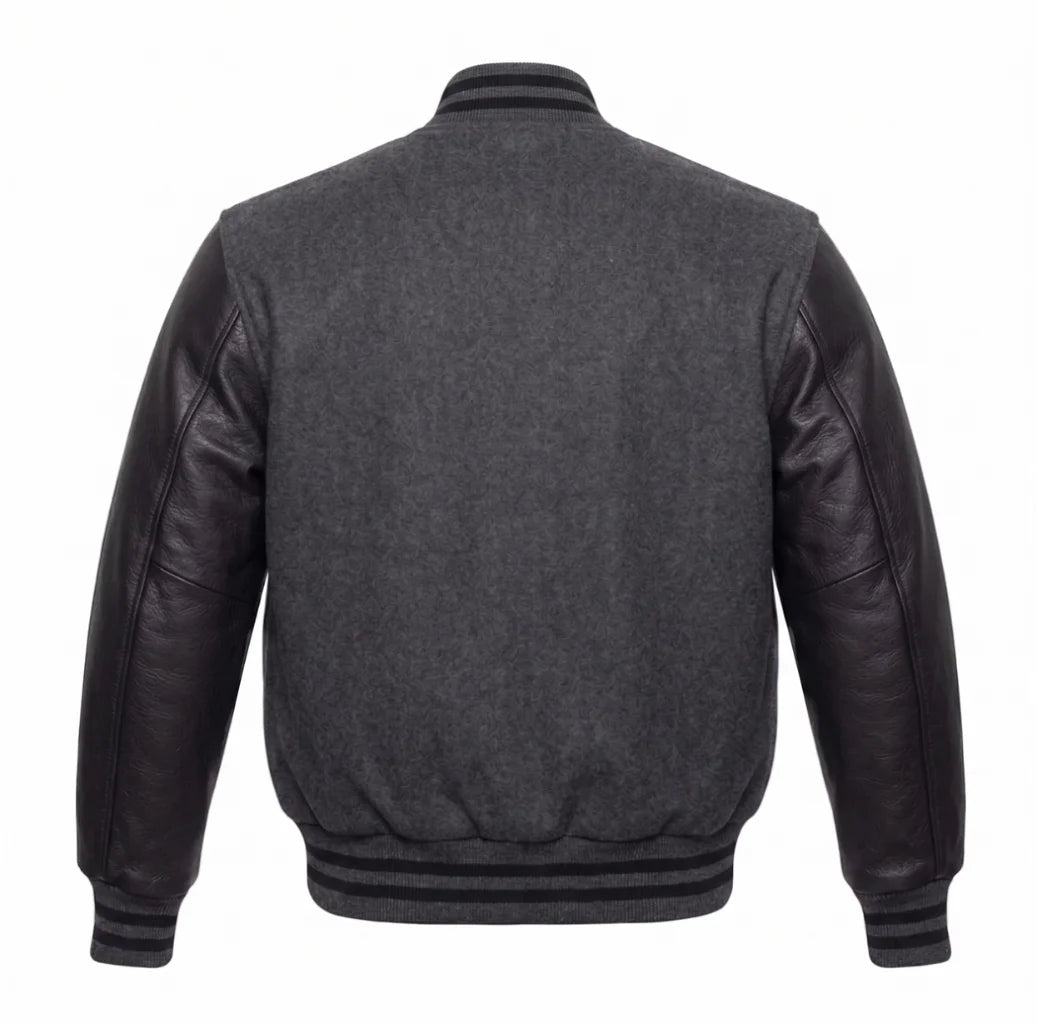 Dark Grey and Black Varsity Jacket with Wool Body and Leather Sleeves Back View